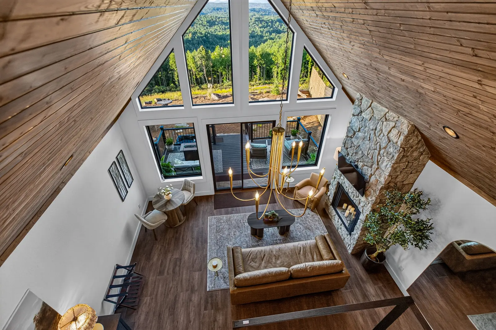 Looking down into the great room toward the A-frame wall of windows