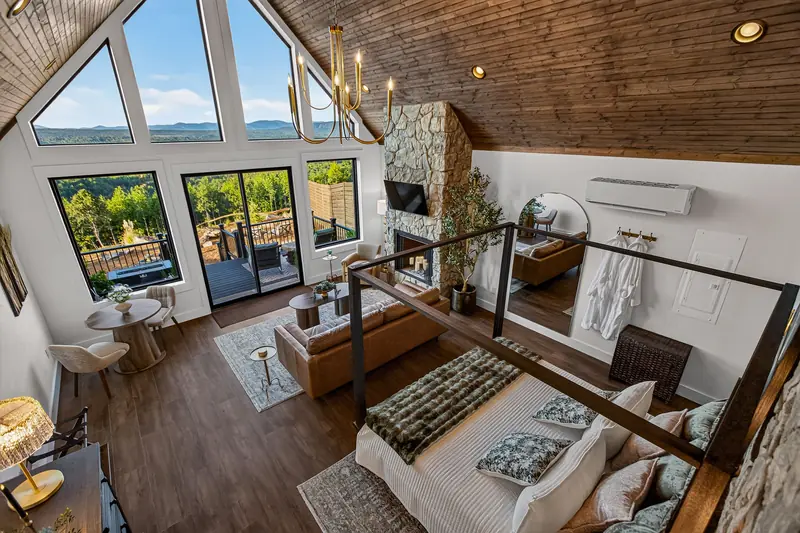 The canopy bed and lounge seen from above