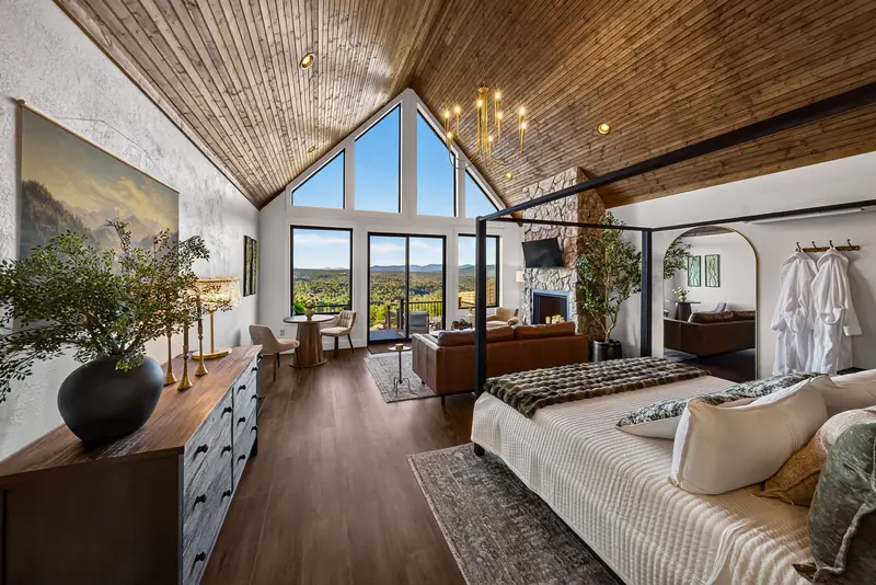 The canopy bed, sofa and treetop views in one open room